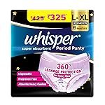 Whisper Super Absorbent Period Panty, 6 L-XL Pants, 360 Degree Leakage Protection for Heavy Flow, Panty like Fit for Full back Coverage, Absorbs Heavy Gushes, Silky Soft, Comfortable Feel-Women
