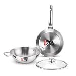 Milton Pro Cook Induction Cookware & Gas Stove Friendly Triply Stainless Steel 3 Pcs Cookware Set | Fry Pan 24cm | Kadai with Glass Lid 24cm | Even & Fast Cooking | 3 Years Warranty | Silver