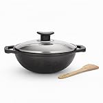 Lifelong Cast Iron Kadhai 24cm with Glass Lid & Wooden Spatula | 3.3L, 2.4kg | Pre-Seasoned, Even Heat Distribution, Toxin & Teflon Free, Non-Stick, & Durable | Gas & Induction Stovetop Compatible