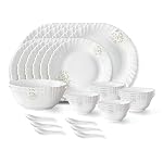 Larah by Borosil Ingot Fluted Series Opalware Dinner Set | 33 Pieces for Family of 6 | Microwave & Dishwasher Safe | Bone-Ash Free | Crockery Set for Dining & Gifting | Plates & Bowls | White