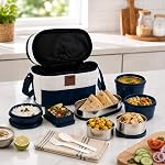 CELLO All Day Meal Lunch Box with Bag for Office Use Blue White | 550ml,375ml,225ml Microwave Safe Containers, 500ml + 300mlx2 Steel Containers, 175ml Salad Box with Spoon & Fork Tiffin Set for Travel
