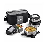 CELLO Duet Set of 4 Pcs Stainless Steel Lunch Box with Bag for Office Use, Black | 2 x 400ml Round, 2 x 400ml Square Steel Containers with Fork & Spoon, Leak Proof Airtight Steel Tiffin Box for Travel