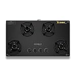 BLOWHOT Amber 4 Burner Premium Manual-Ignition Hybrid Gas Stove, Coated Forged Indian Brass Burners, SABAF Tech DOORSTEP SERVICE +2Yr General, 2Yr Burner and 5 Yr Warranty on Glass & Gas Valve
