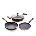 Crystal Vivid Series Induction Base Non Stick Cookware Set- 4 Pcs | Tawa 250 mm + Fry Pan 240 mm + Kadai 240 mm + Glass Lid 240 mm | 3 mm Thickness | Metal Spoon Friendly