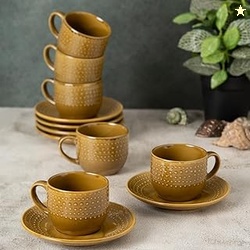 Clay Craft Fine Ceramic Apex Brown Cups & Saucer, Set of 12, Cups for