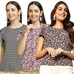 Pinkmint Women’s Printed Combo Tops ll Regular Fit Ruffle Trim Petal Sleeve ll Fancy Girls Top (Pack of 3)