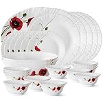 Larah by BOROSIL Fluted Series Red Carnation Opalware Dinner Set | 27 Piece for Family of 6 | Microwave & Dishwasher Safe | Bone-Ash Free | Crockery Set for Dining & Gifting | Plates & Bowls | White