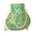 Kuber Industries Potli | Wedding Potli | Drawstring Potli with Handle | Wallet Potli | Christmas Gift Potli | Baby Shower Potli | Mirror Check-Shagun Potli | Green