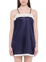 Clovia Women’s Satin Solid Night Slip (Navy Blue, Large)