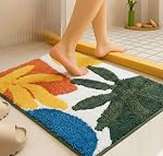 VAS COLLECTIONS Luxurious 2000 GSM Microfiber Bath Mat | Super Soft, Thick & Fluffy | Anti-Skid, Super Absorbent, Bathroom/Bedroom/Kitchen/Door Mat (40×60 cm, Pack of 1) (Blue & Yellow Leaf)