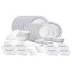 Larah by Borosil Jazzblue Fluted Series Opalware Dinner Set | 63 Pieces for Family of 8 | Microwave & Dishwasher Safe | Bone-Ash Free | Crockery Set for Dining & Gifting | Plates & Bowls | White