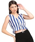 POPWINGS Women Casual Bue & White Stripe Printed Crop Top