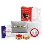 DeoDap Rakhi with Chocolate for Brother â Colorful Flower Design Rakhi with Choco Magic Chocolate (32g) with Silver Color Pooja Coin, Greeting Card & Tilak Set â Tradtional Raksha Bandhan Gift Combo Pack