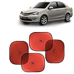 KINGSWAY Car Window Curtain Sticky Sun Shades Compatible with Toyota Etios, (Year 2010-2020), Universal Fit Sunshades for Side Window, Rear Window, Red Color, 4 Pieces