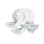 Larah by Borosil Fluted Series Lavender Opalware Dinner Set | 14 Piece for Family of 4 | Microwave & Dishwasher Safe | Bone-Ash Free | Crockery Set for Dining & Gifting | Plates & Bowls | White