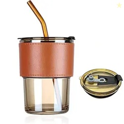 Glass Coffee Cup with Straw & Lid Anti Skid Leather Sleeve Grip Handle