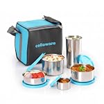 CELLO Steelox Set of 5 Pcs Lunch Box with Jacket For Office, Blue | 550ml, 375ml, 225ml, 50ml Stainless Steel Containers & 375ml Tumbler |Lightweight Leakproof Airtight Tiffin Box For Daily Use Travel