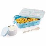 ATTRO Smiley Bite Plastic Lunch Box â 3 Compartment Bento Tiffin, Leak-Proof & Durable, Plastic Spoon, Ideal for Kids, School, Picnicâ 1220ml+200ml, Blue