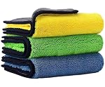 GIZMO Heavy Microfiber Cleaning Cloths for Car, Double Sided, Extra Thick Plush Microfiber Car Cleaning Clothes, Lint-Free, 800 GSM (Size 30cmx40cm, Pack of 3, Color: Blue, Yellow, Green)