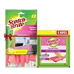 Scotch-Brite Combo Rubber Kitchen Gloves (Small) + Scotch-Brite Sponge Wipe Resusable Kitchen Cleaning Foam Cellulose Wood Sponge