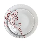 Cello Opalware Imperial Series Red Swirl 33 Pieces Dinner Set | Opal Glass Crockery for 6 | Bone Ash-Free, Lightweight, Elegant White Plate & Bowl Set |Opalglass Dinner Set for Daily Use & Gifting