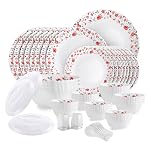Cello Opalware Dazzle Series Red Rose Fantasy Dinner Set, 57Pcs | Opal Glass Dinner Set for 8 | Light-Weight, Daily Use Crockery Set for Dining | White Plate and Bowl Set
