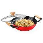 Prestige Castlite Enamel Coated Cast Iron Kadai 24cm/ 2.3L with Glass Lid | Lightweight, High Heat Retention | Gas & Induction Compatible | Low-Oil Cooking | Wooden Handles | Easy Clean |15Y Warranty