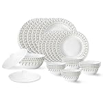 Larah by Borosil Ora Gold Fluted Series Opalware Dinner Set | 28 Pieces for Family of 6 | Microwave & Dishwasher Safe | Bone-Ash Free | Crockery Set for Dining & Gifting | Plates & Bowls | White