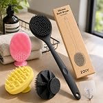 4-in-1 Silicone Bath Brush Set â Long Handle Back Scrubber, Body Exfoliating Shower Brush, Scalp & Face Massager, BPA-Free Soft Silicone Bath Brush for Men & Women, Hooks Included