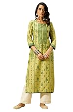 Janasya Women’s Lime Green Silk Blend Ethnic Printed Straight Kurta
