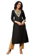 Janasya Women’s Black Chanderi Silk Yoke Embroidered Straight Kurta