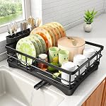 Umite Chef Large Dish Drying Rack for Kitchen Counter, Black Metal Dish Drainer with Drainboard, Utensil Holder, Cup Holder, Rust Resistant Kitchen Dish Rack with Water Drain Spout for Countertop
