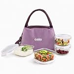 CELLO Alba Glass Lunch Box with Bag for Office Use, Purple | 2 x 320ml Square + 2 x 240ml Round Microwave Safe Containers with Spoon & Fork, Fridge Safe Leak Proof Airtight Tiffin Box Set for Travel