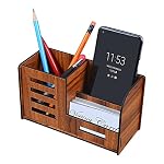 Kbr Pen Stand With Visiting Card & Mobile Holder Multipurpose Wooden Stationery Desk Organizer Pen And Pencil Stand For Office Table With Business Card Holder Box And Mobile Stand Line, Brown