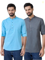 See Designs Men's Roll-Up Sleeve Mandarin Collar Cotton Solid Short Ku