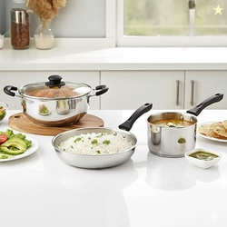 CELLO Galaxy Steelox 3 Pcs Cookware Set | Kadhai with Glass Lid 3L, Mi