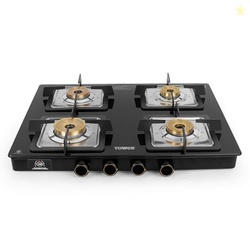 Gas Stove 4 Burner Glass Brass Valves Lpg Black | 8mm toughened glass