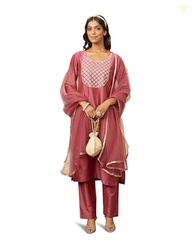 Amazon Brand - Myx Women Embroidered Kurta Pant Set with Mesh Dupatta