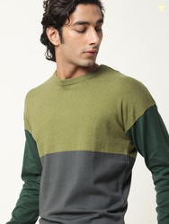 RARE RABBIT Men Green Tanko Slim Fit Colourblocked Pullover Sweater