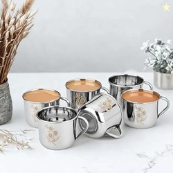 Stainless Steel Premium Tea Cup and Tray Set, Silver Floral Design, 6