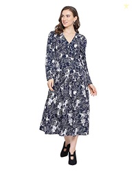 Women V-Neck Full Sleeve Graphic Print Dress (Small) Dark Blue