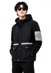 Men's Hooded Jacket Black Lightweight Casual Coat with Contrast Detail