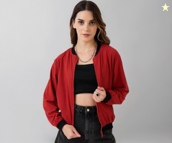 9 Impression Women's Bomber Jacket, Maroon with Black Contrast, Poly C