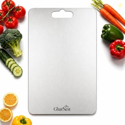 GharNestStainless Steel Cutting Board with Handle, 32 x 21.5 cm, Scrat