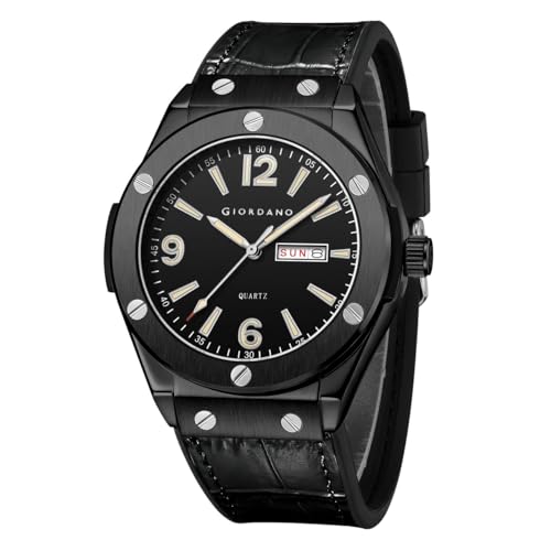 Giordano Analog Watch for Men with Leather Band, Day-Date Function and