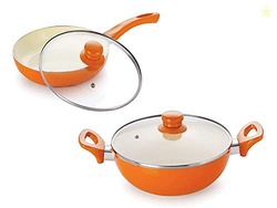 Ceramic Induction Base Non-Stick Aluminium Fry Pan and Kadhai with Gla