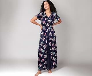 Women's Satin Printed Long Nighty in Navy Blue
