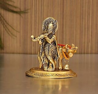 TIED RIBBONS Metal Krishna Idol with Kamdhenu Cow Statue (Small, 9 cm