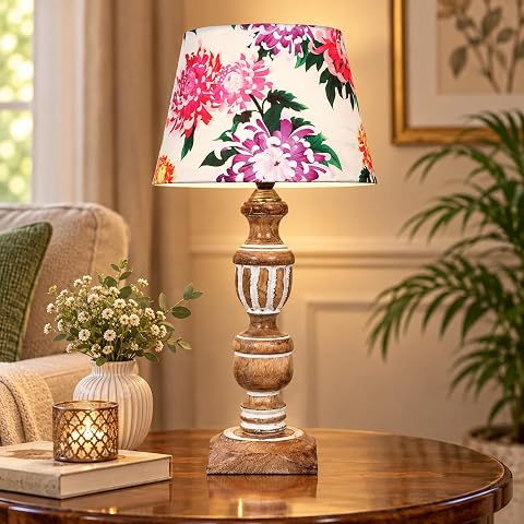tu casa Wooden Table Lamp | Premium Floral Satin Shade | Solid Wooden