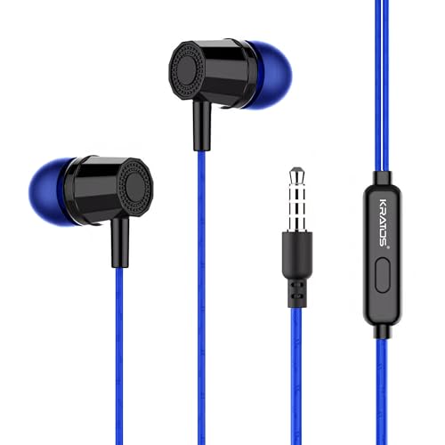 Kratos E02 Blue Wired Earphones with 3.5mm Jack in-line Mic Control fo
